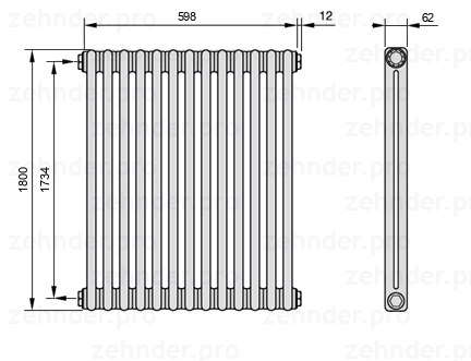 Схема (чертеж) Радиатор Zehnder Charleston 2180/13 №1270 Белый глянцевый RAL 9016